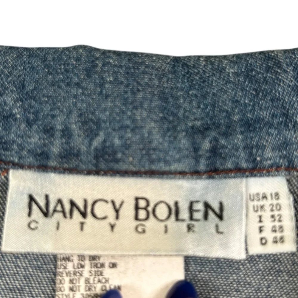 VTG 90s Nancy Bolen Western Boho Denim Shacket Snake Print Feather Trim Sz 18‎